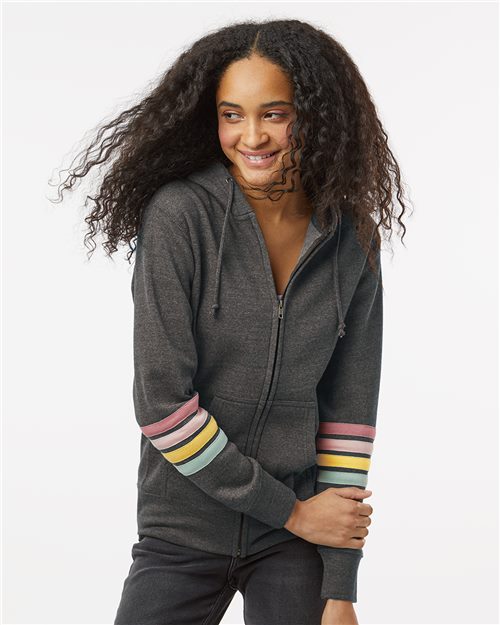 W22732 Women's Striped Sleeves Full-Zip Hooded Sweatshirt